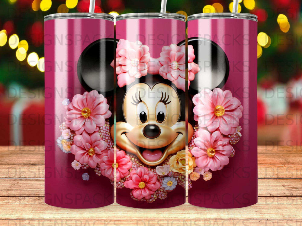 Minnie Mouse with pink flowers and sparkles, on a patterned tumbler.