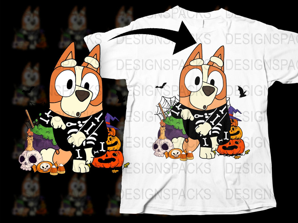 Halloween Dog T-Shirt, Cute Cartoon Dog with Pumpkins, Kids and Adults Casual Wear, Graphic Tee, Autumn Fashion