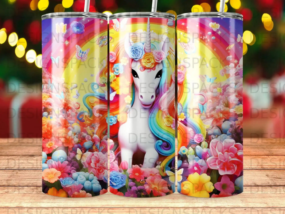 Unicorn with rainbow mane surrounded by colorful flowers and butterflies.