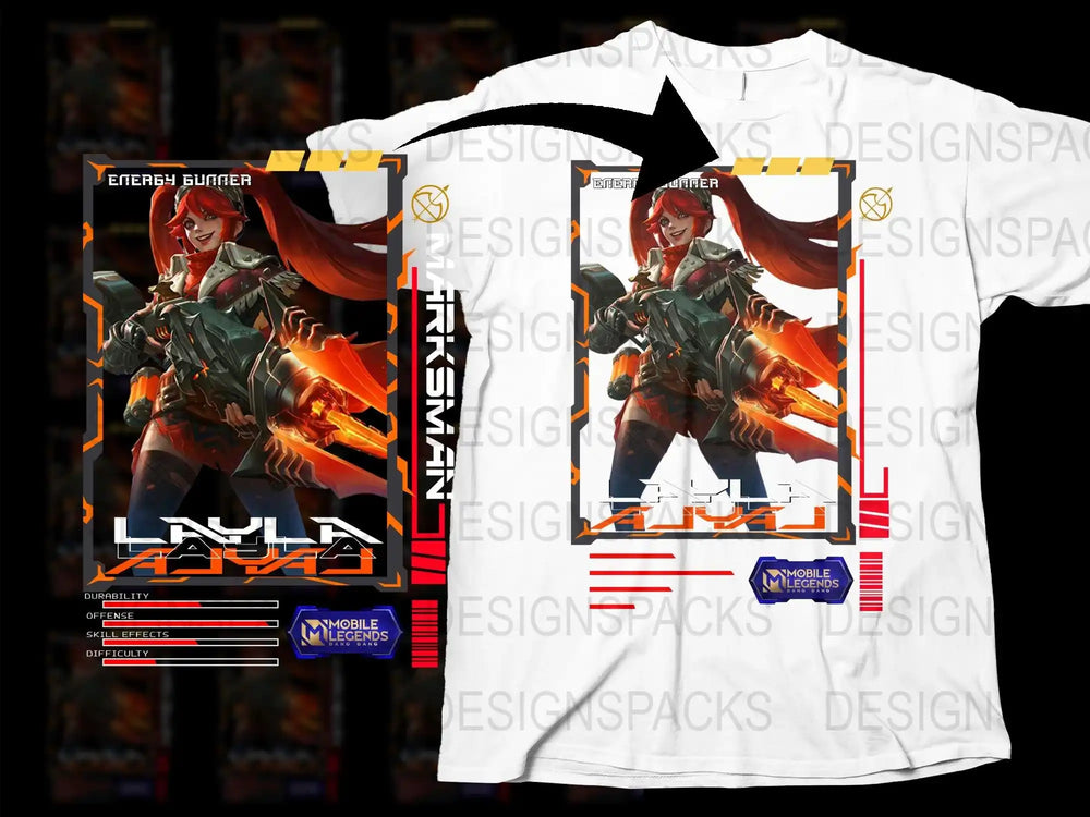 Mobile Legends Layla T-shirt, Energy Gunner Graphic Tee, Gaming Apparel, Unisex Full Print Shirt