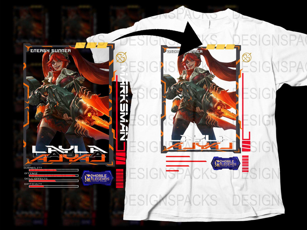 Mobile Legends Layla T-shirt, Energy Gunner Graphic Tee, Gaming Apparel, Unisex Full Print Shirt