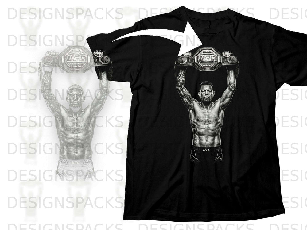 UFC fighter holds championship belt overhead on black t-shirt graphic.
