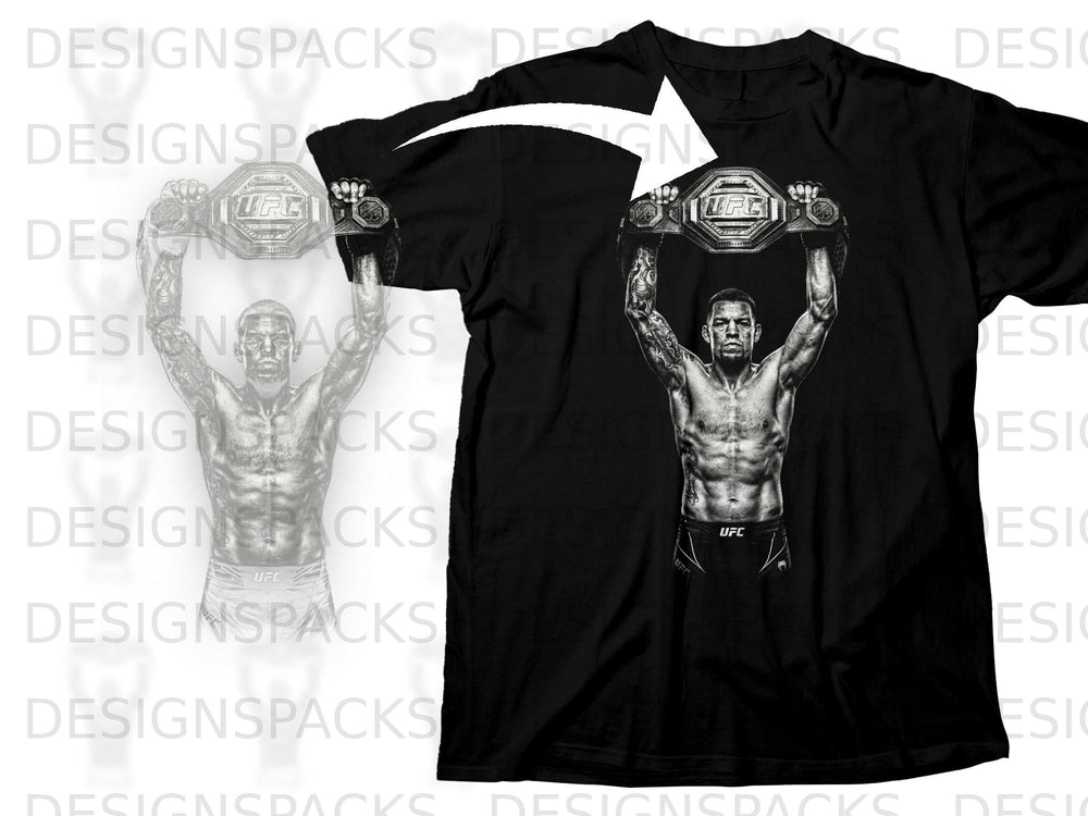 UFC fighter holds championship belt overhead on black t-shirt graphic.