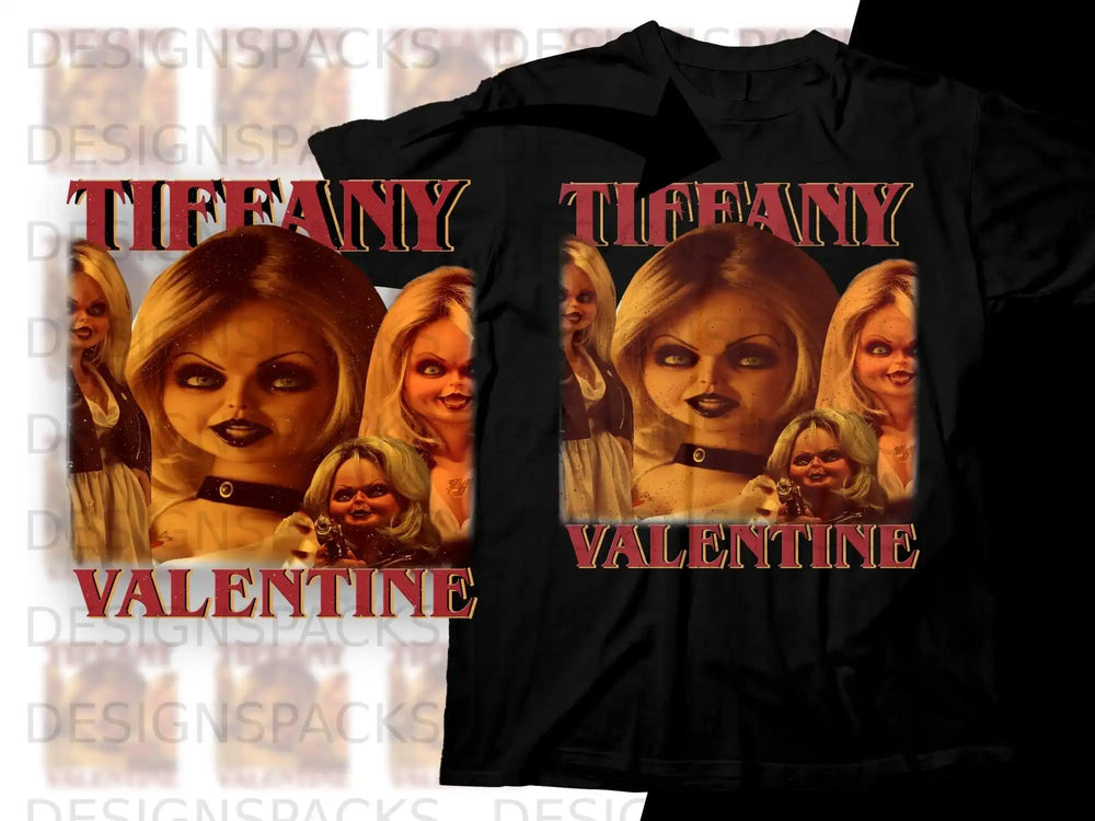 Chucky and Tiffany Valentine on a black t-shirt, "Valentine" text.