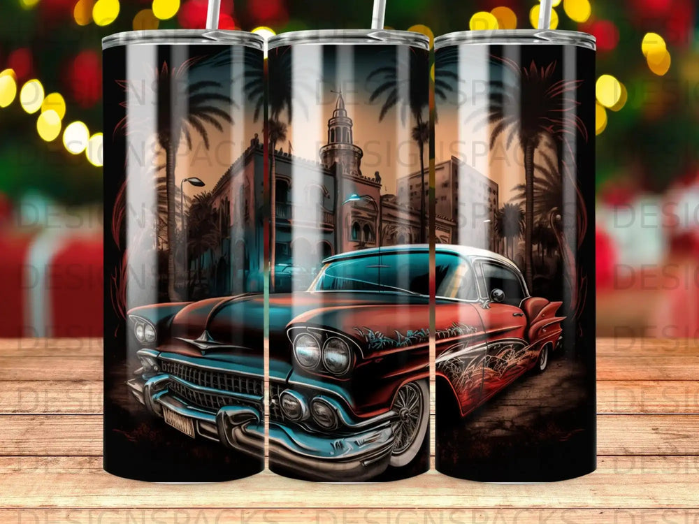 Vintage red car in front of ornate building with palm trees and bokeh lights.