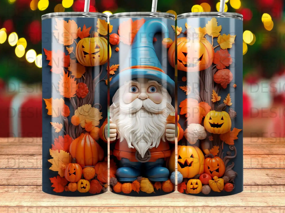 Gnome with pumpkins and autumn leaves on a tumbler.