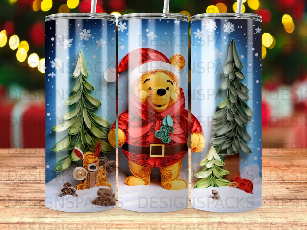 Winnie the Pooh in a Santa hat and coat with quilled Christmas trees and a deer.