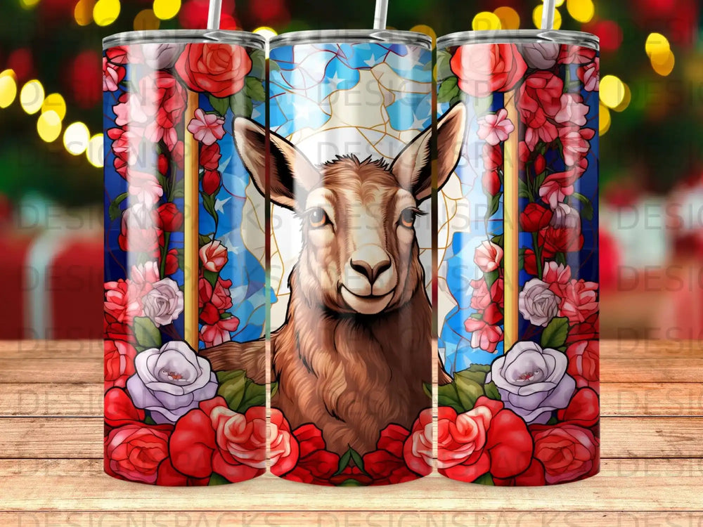 Brown goat face with roses and stained glass pattern.