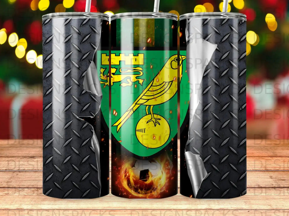 Norwich City Football Club logo on a tumbler with a diamond plate texture.