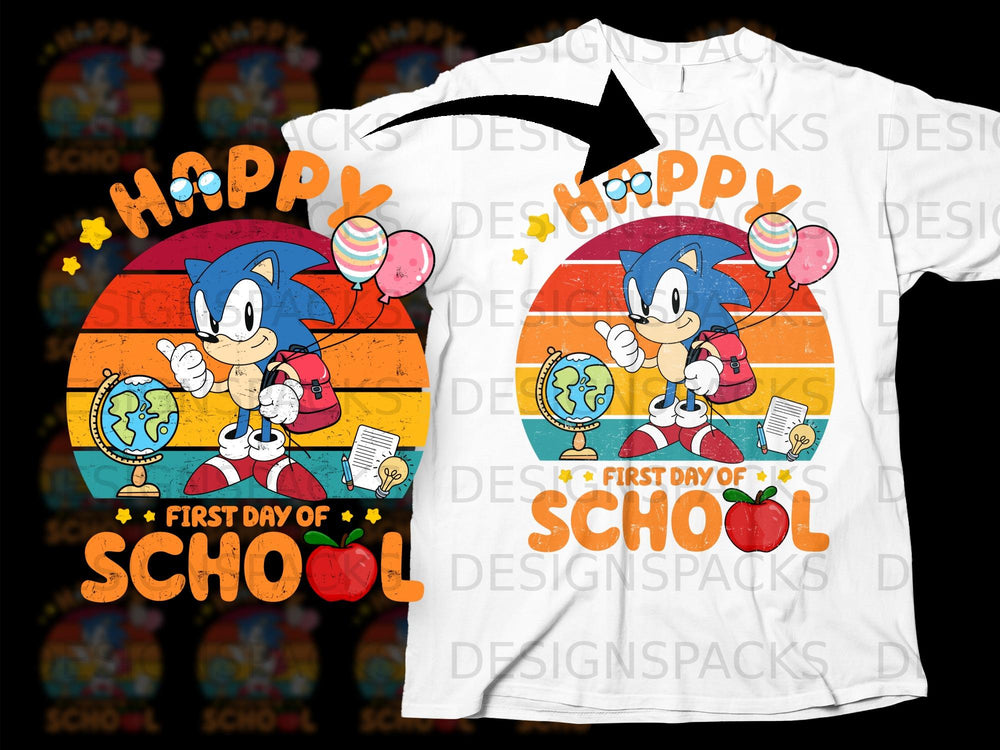 Sonic the Hedgehog with backpack and globe, "Happy First Day of School" text.