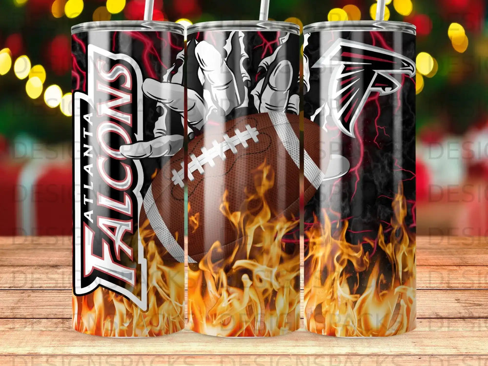 Atlanta Falcons football tumbler with flames and a skeletal hand.
