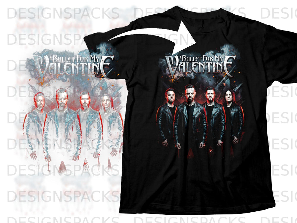 Black t-shirt with "Bullet For My Valentine" band logo and four band members.