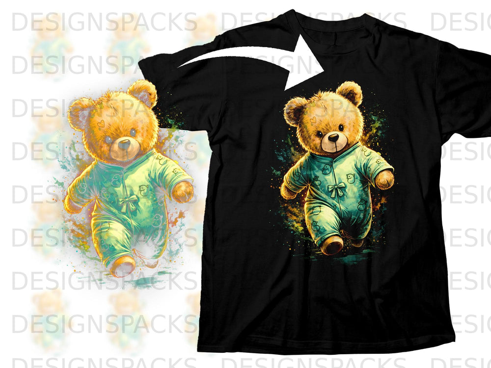 Teddy bear in pajamas graphic on black t-shirt, watercolor style.