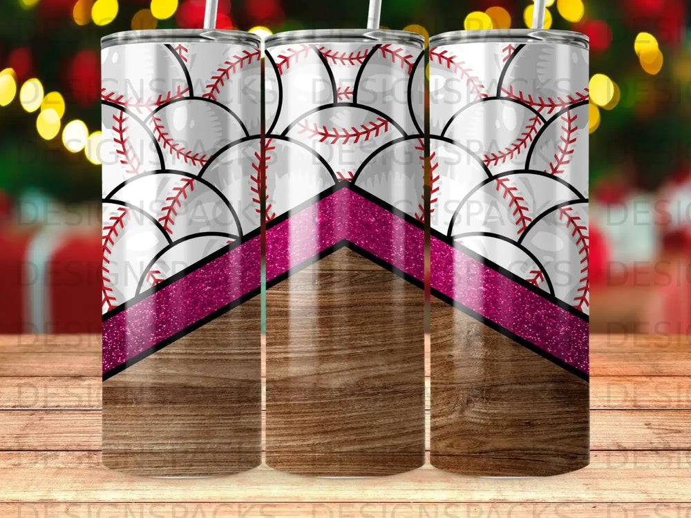Tumbler with baseball pattern and wood grain bottom, accented with glitter.