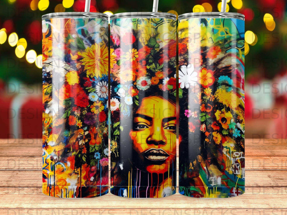 Woman's face with vibrant floral headdress on a patterned tumbler.