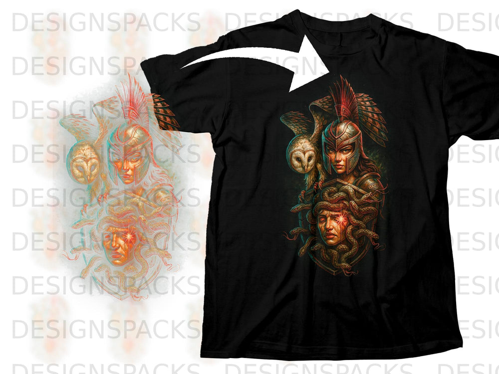 Black t-shirt with graphic of Medusa, owl, and warrior.