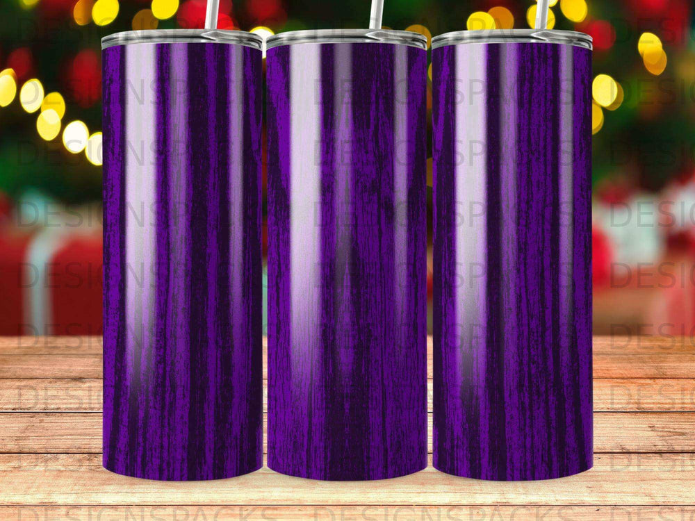 Purple wood grain tumbler with faint bokeh background.