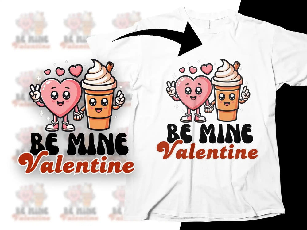 Cute Valentine's Day t-shirt design with heart and coffee cup characters, 'Be Mine Valentine' text, print-ready for DTG or DTF.