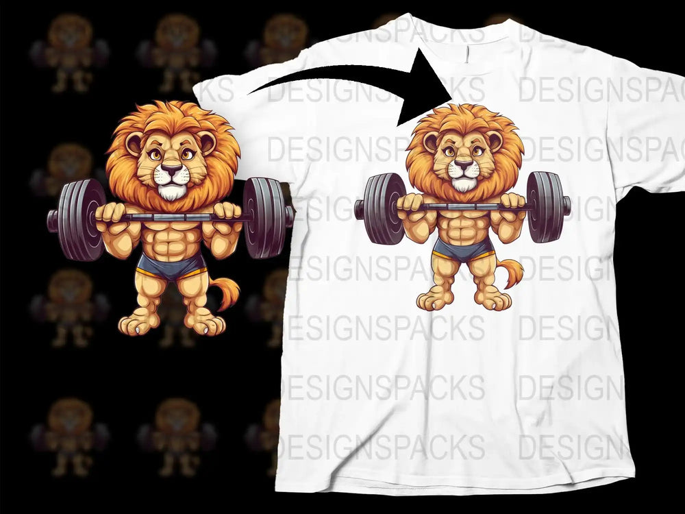 Cartoon Lion Lifting Weights T-Shirt, Funny Gym Workout Shirt, Animal Graphic Tee, Bodybuilding Fitness Clothing