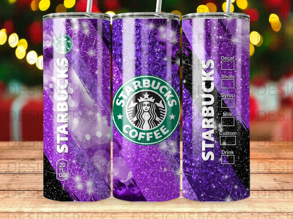 Starbucks coffee tumbler with purple glitter and Starbucks logo.