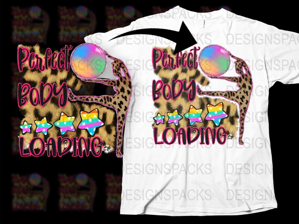 Women's Graphic Tee, Leopard Print, Perfect Body Loading, Colorful Stars, Fun Workout Shirt, Trendy Summer Fashion Top