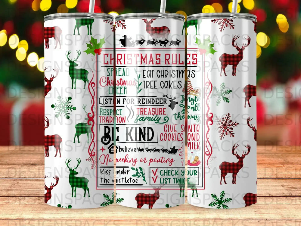 Tumbler with "Christmas Rules" list including "Spread Christmas Cheer" and "Be Kind."