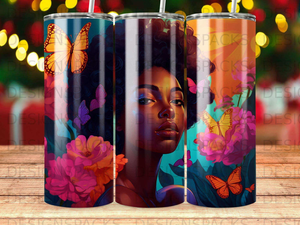 Woman with butterflies and flowers design on a tumbler.
