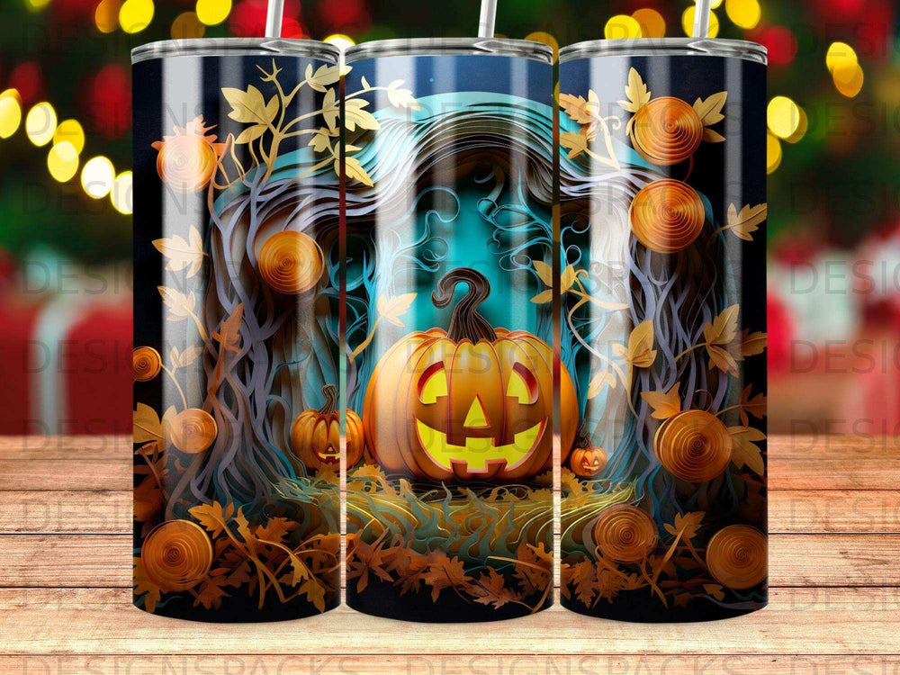 Jack-o'-lantern with spooky forest background and fall leaves.