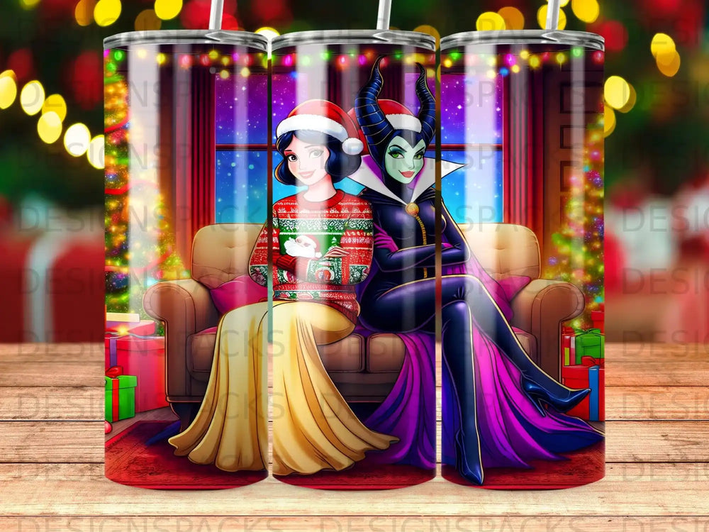 Snow White and Maleficent sitting on a couch in a festive holiday setting.