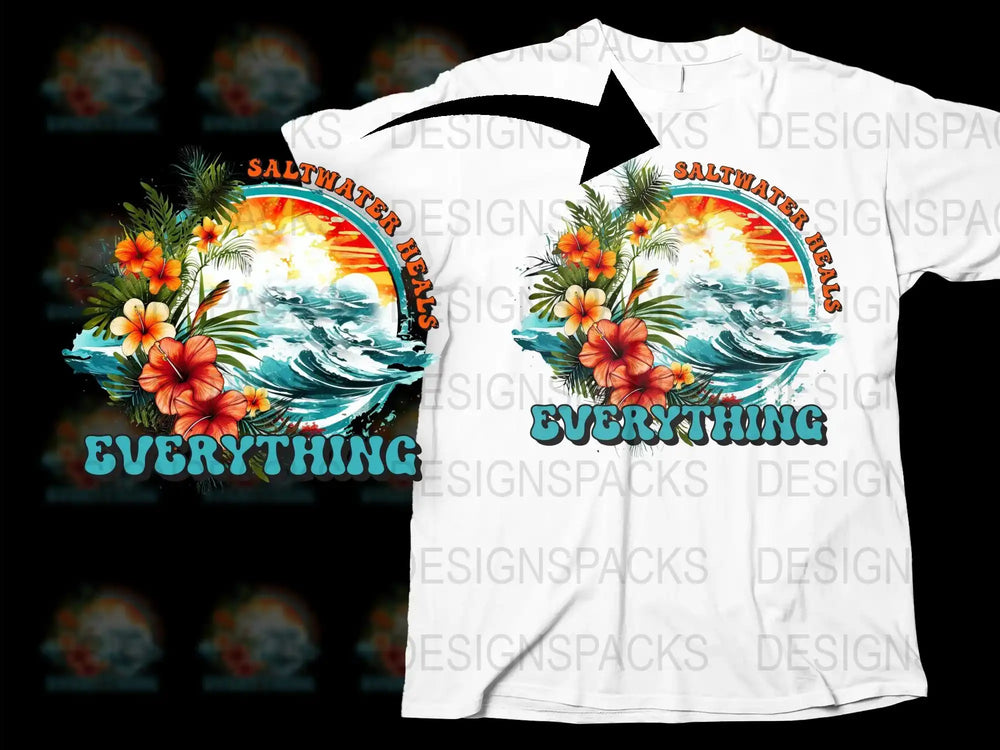 Saltwater Heals Everything T-Shirt, Tropical Beach Graphic Tee, Ocean Wave and Sunset Design, Summer Casual Apparel for All