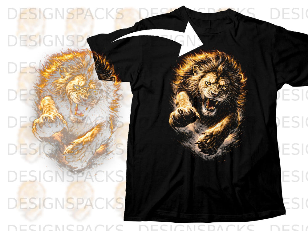 Black t-shirt with a roaring lion graphic in fiery colors.