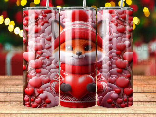 Cute fox in red sweater holding heart, surrounded by pink hearts and branches.