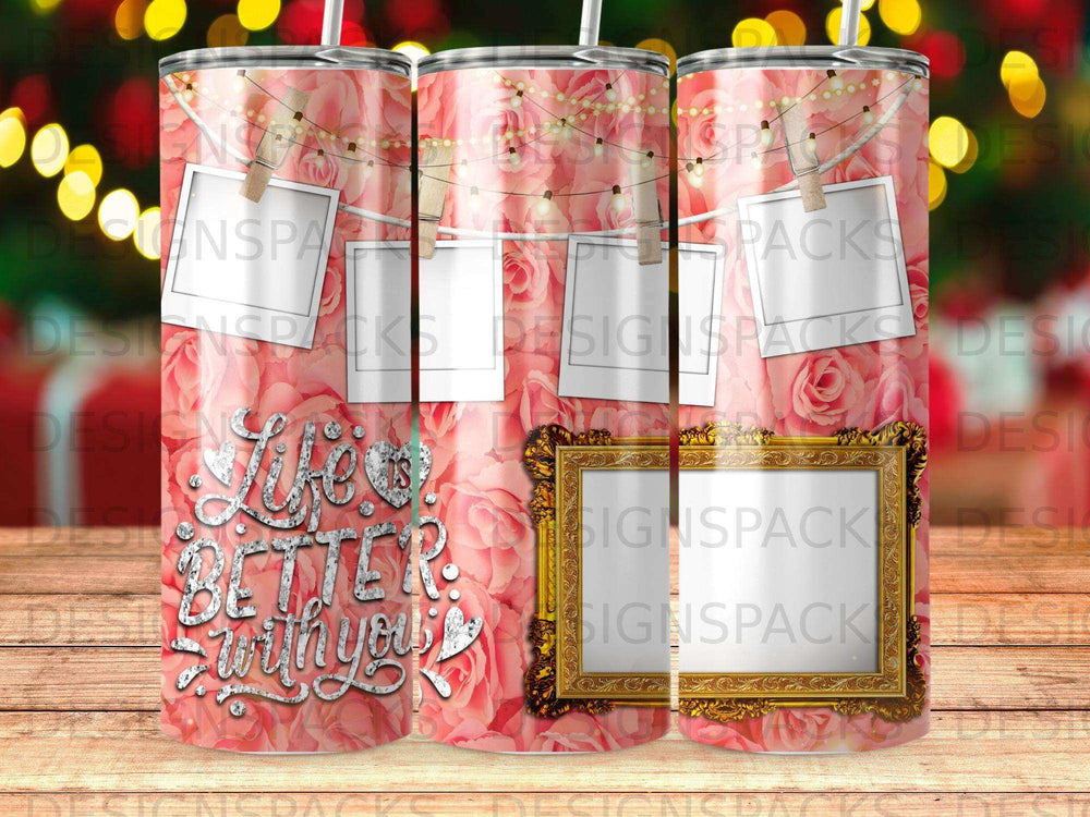 Pink roses and string lights with hanging photo frames, "Life is better with you".