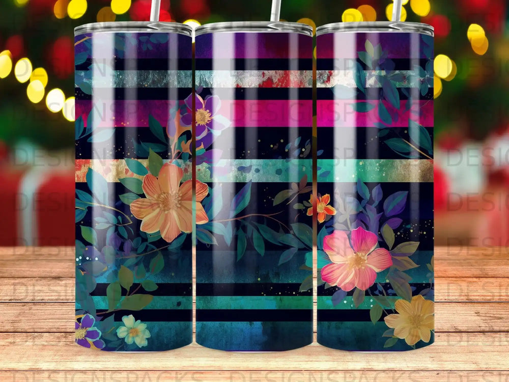 Floral pattern tumbler with colorful stripes and green foliage.