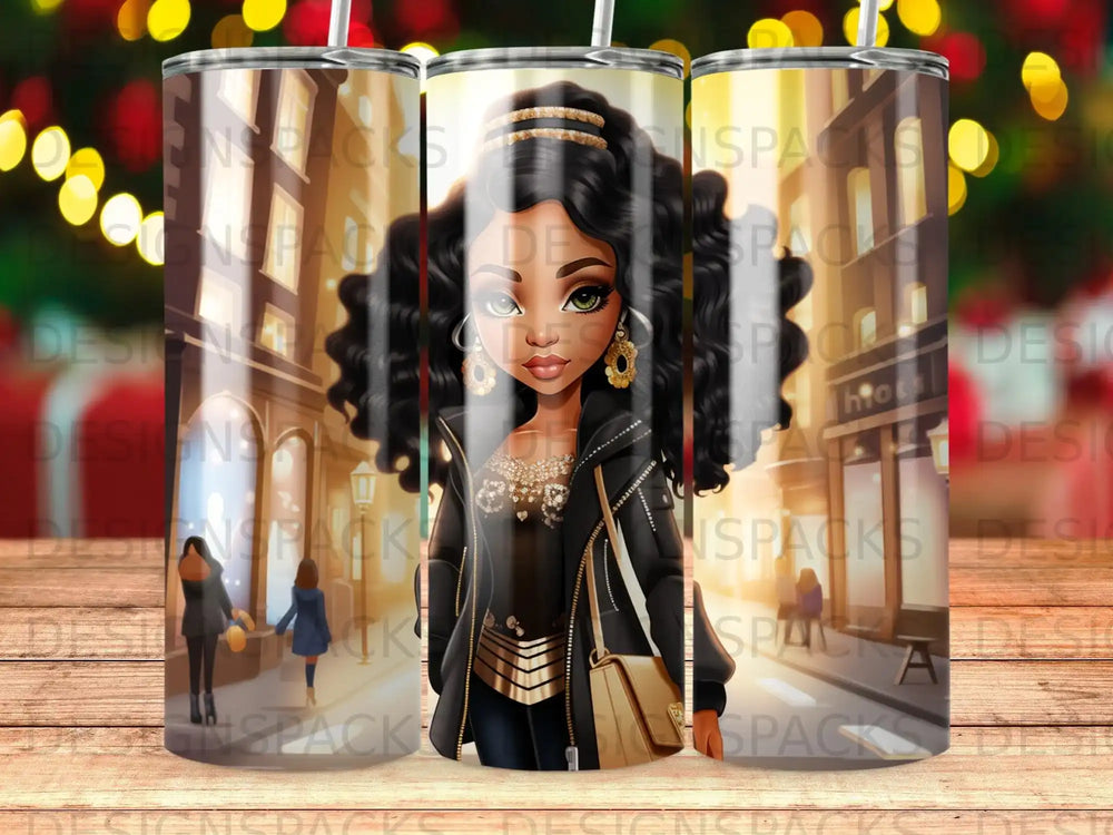 Stylized illustration of a woman in a jacket and handbag against a city background.
