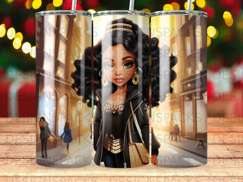 Stylized illustration of a woman in a jacket and handbag against a city background.