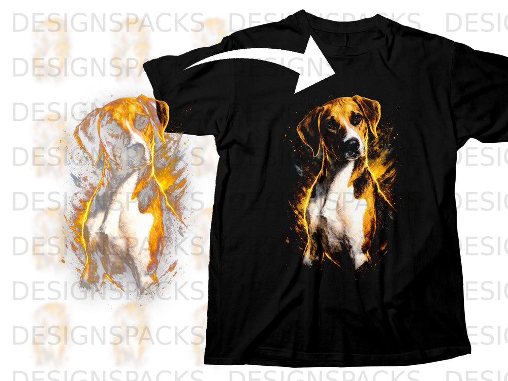 Black t-shirt featuring a striking watercolor-style dog portrait with vibrant orange accents.