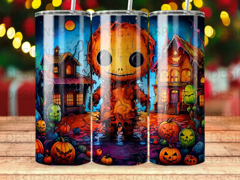 Spooky creature in pumpkin patch with haunted houses at night.