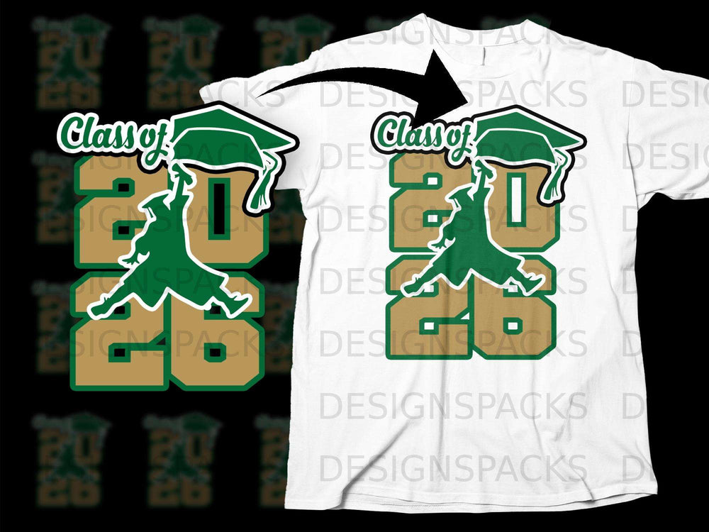 Green and gold "Class of 2026" graduation design with cap and gown graphic.