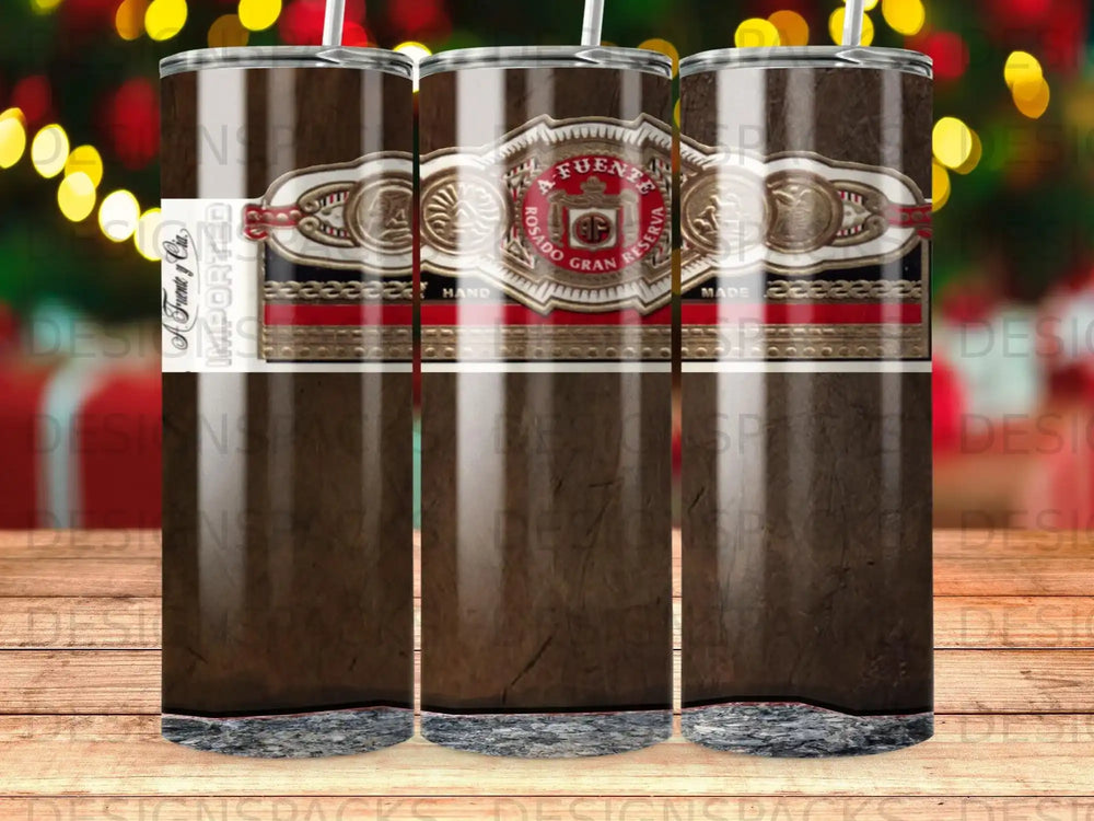 Fuente Rosado Gran Reserva cigar band on a tumbler with wood grain background.