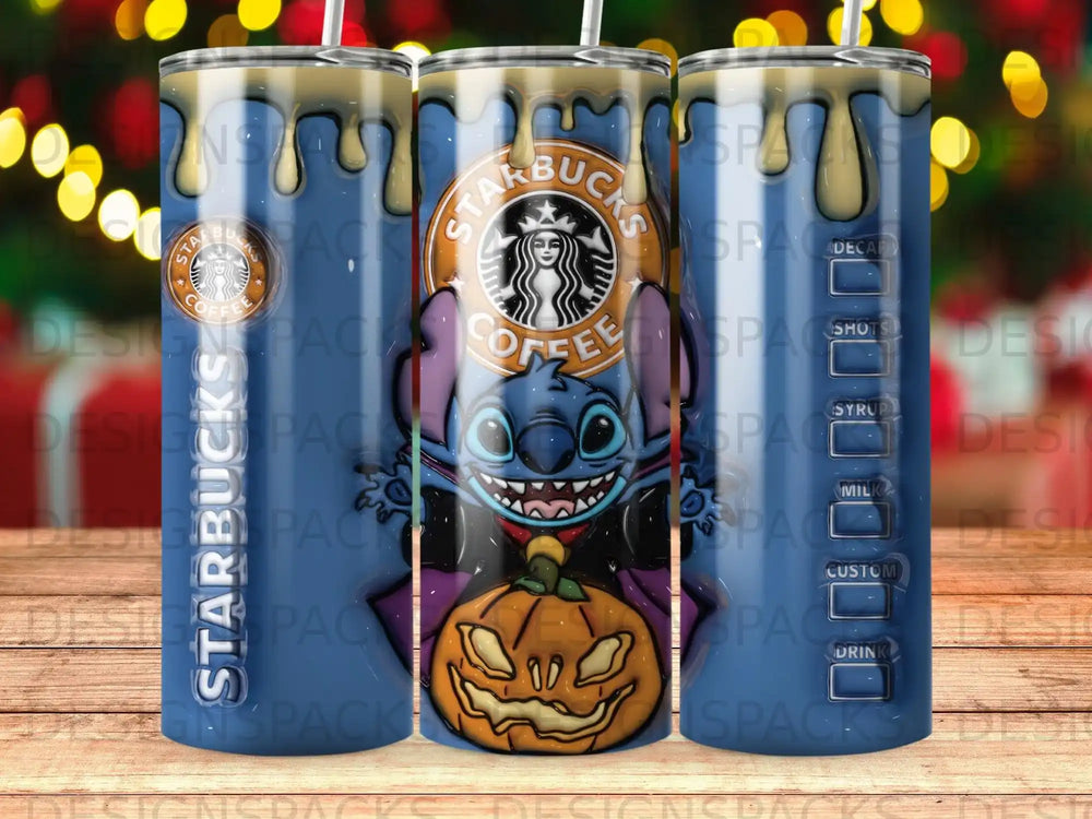 Starbucks tumbler with Stitch in vampire costume and a pumpkin.
