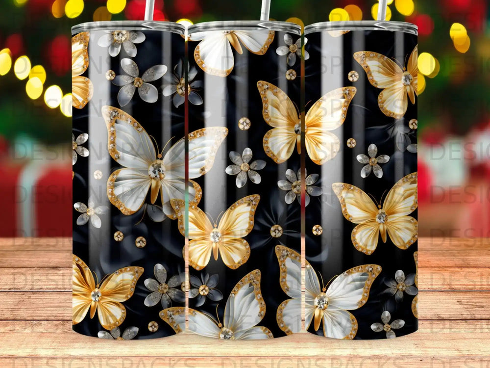 Black tumbler with repeating pattern of golden butterflies and flowers.