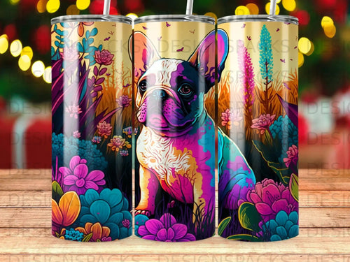 French bulldog in colorful floral garden.