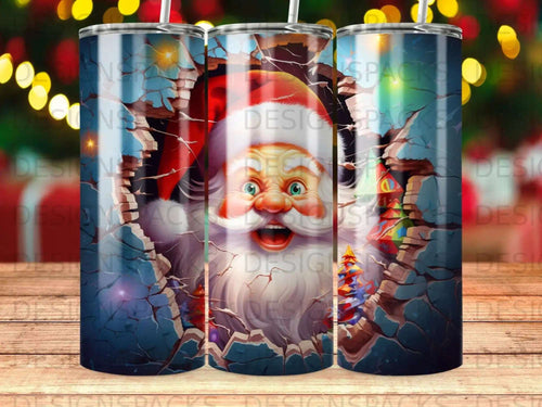 Santa Claus peeking through a cracked icy wall, with a pine tree.