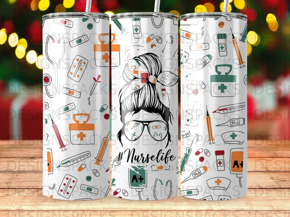 Tumbler with #Nurselife design featuring medical icons and nurse illustration.