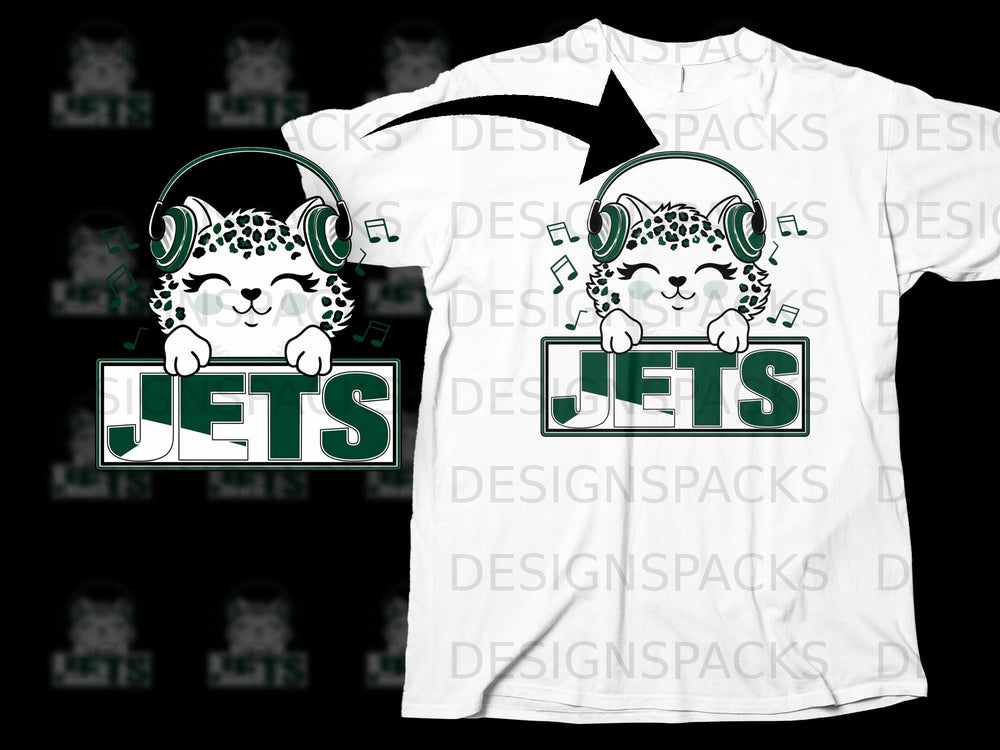 Cute leopard character wearing headphones holds "JETS" sign.
