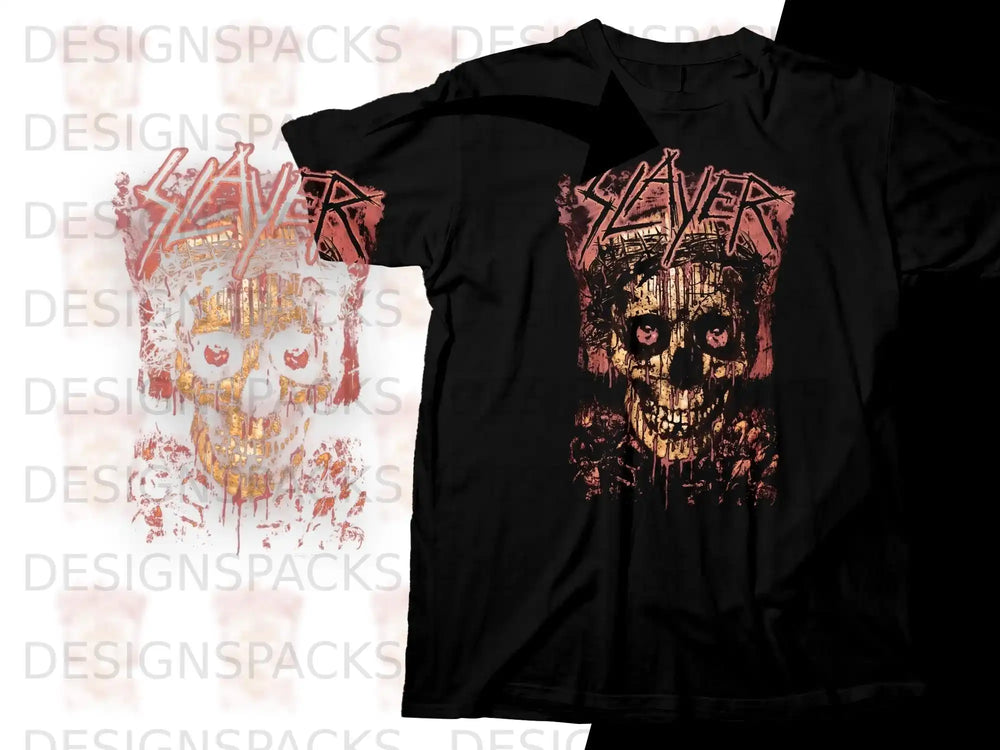 Black t-shirt with a Slayer logo and a skull graphic.