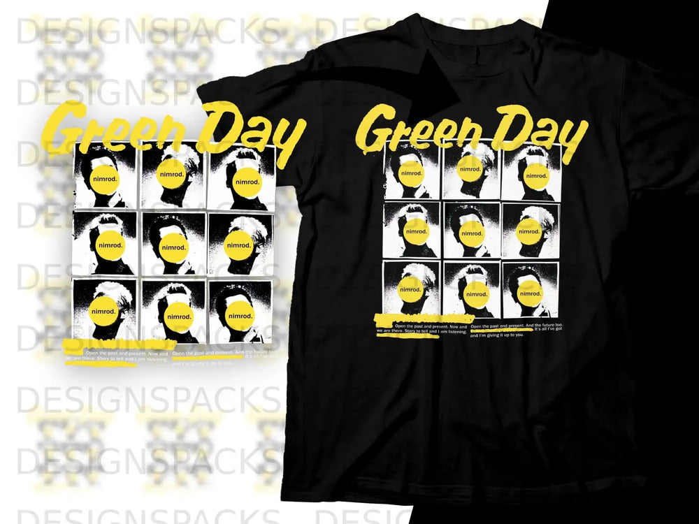 Green Day Nimrod album cover collage on black t-shirt.