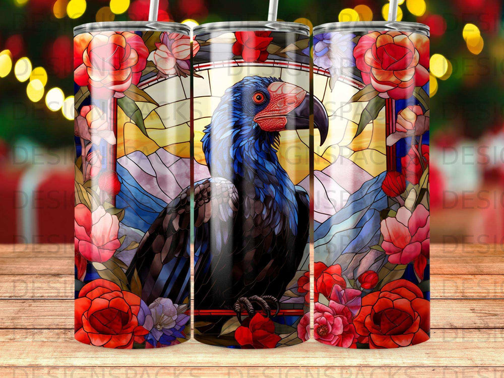 Blue macaw with stained glass floral border against a mountain landscape.