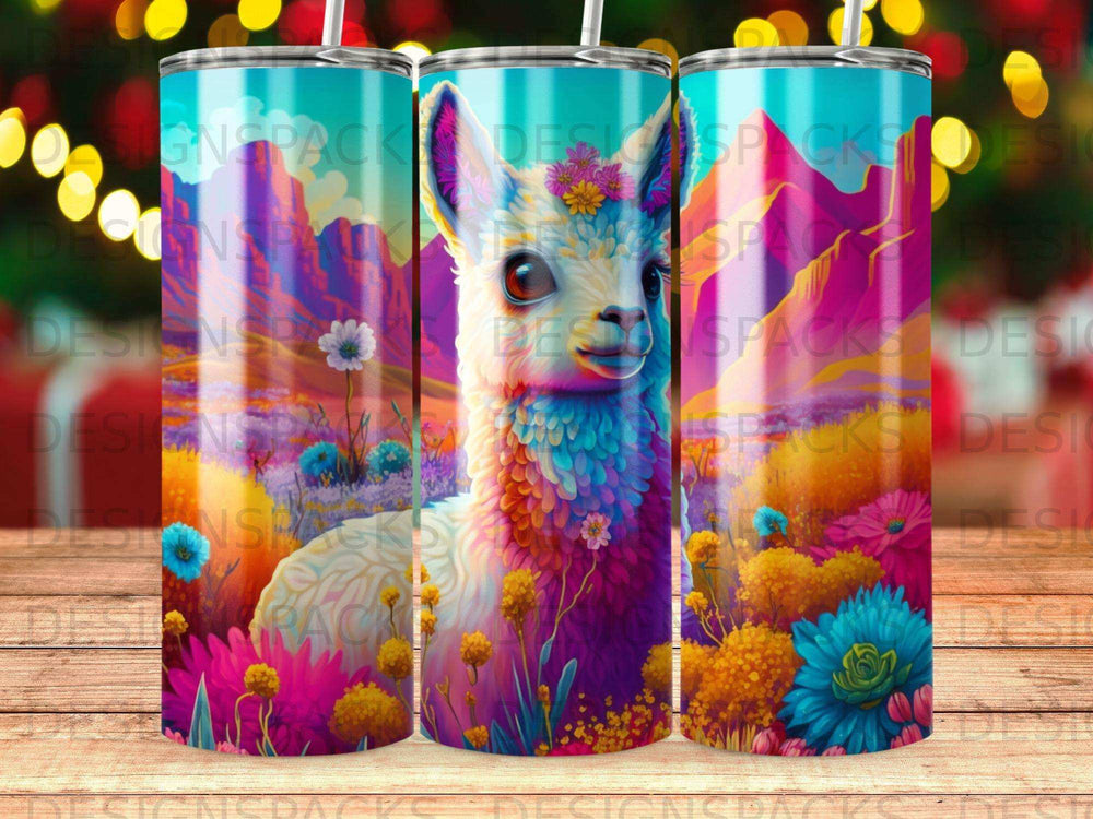 Colorful llama on a vibrant landscape tumbler.
